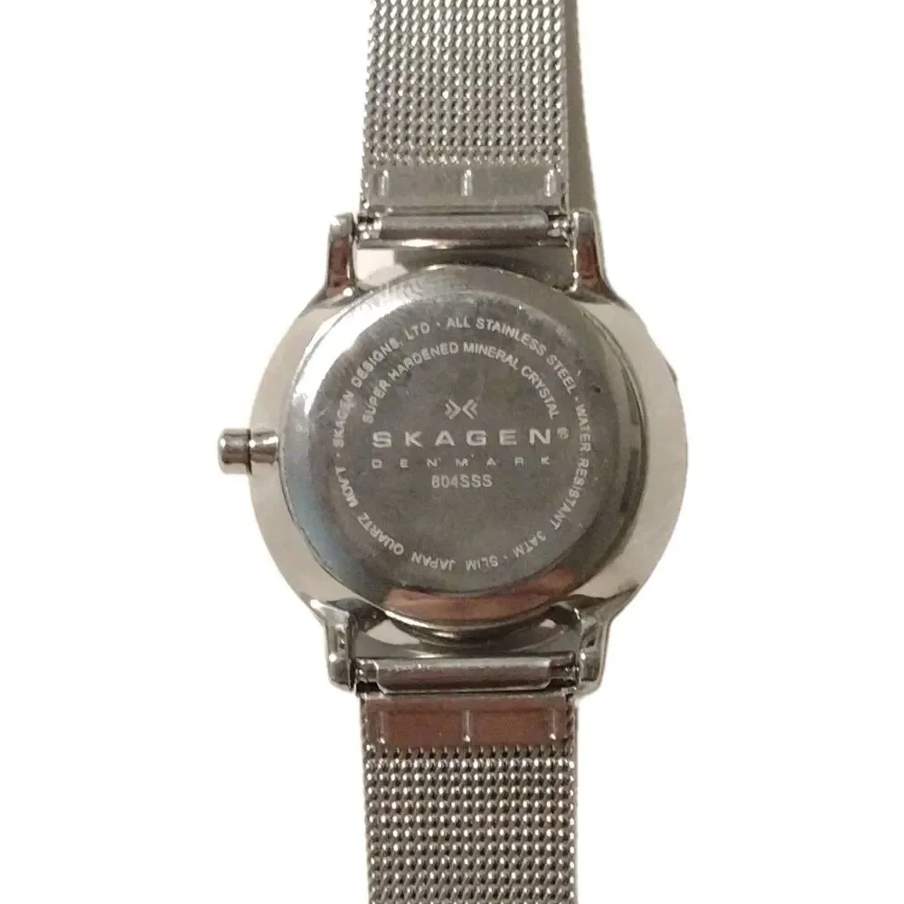 Skagen Denmark Womens Silver Mesh Band Crystal Bezel Quartz Watch 804SSS 28mm